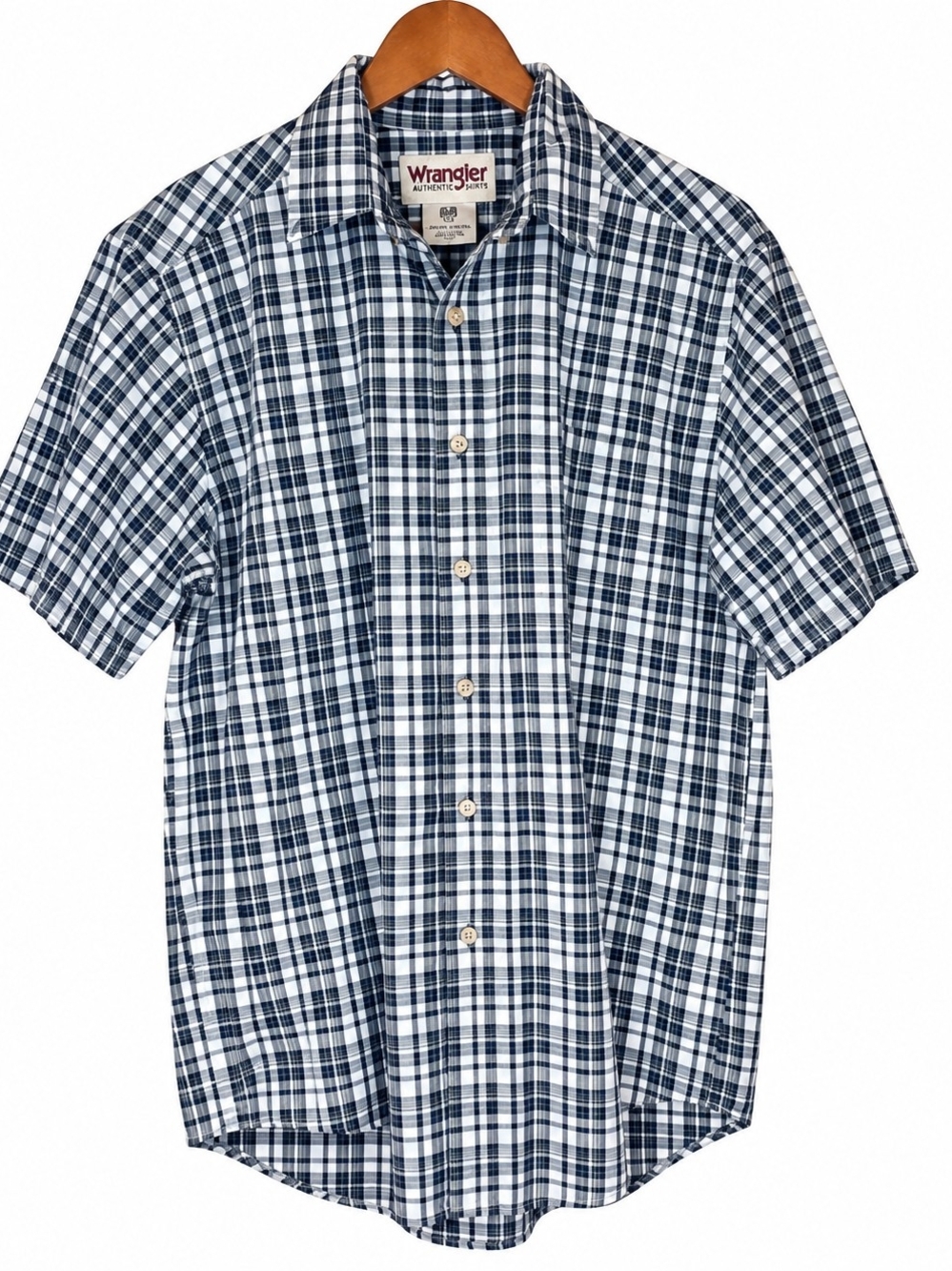 Wrangler Rugged Wear Men’s L Navy Plaid Short Sleeve Button Up Shirt
